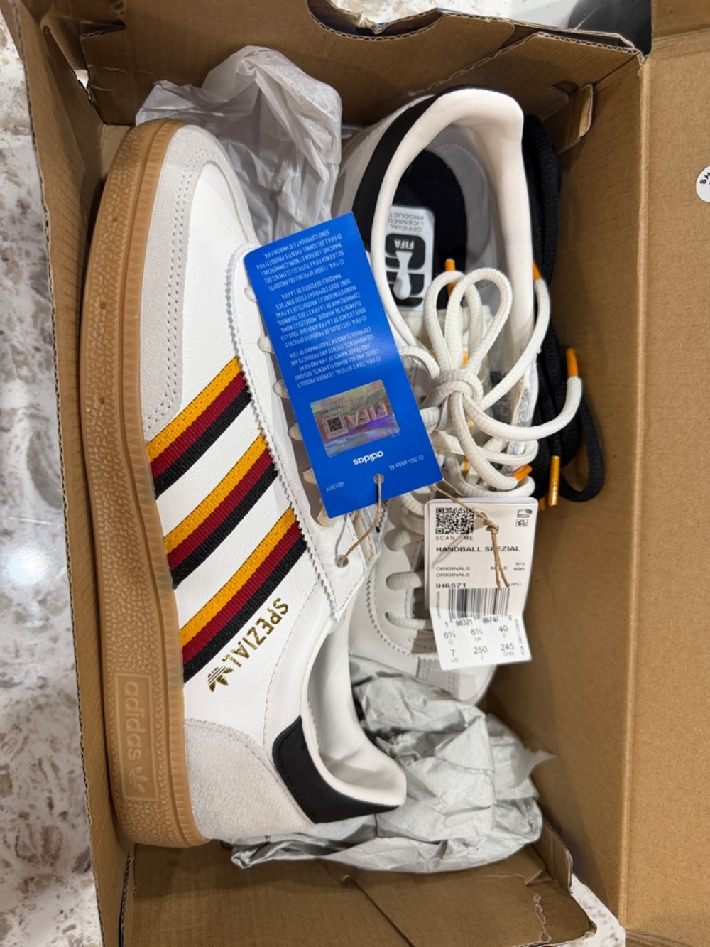 adidas Spezial White Sneakers with Black, Red & Yellow Stripes
